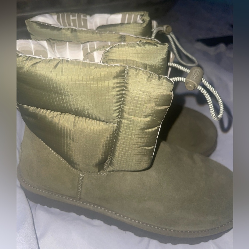 UGG Olive Suede & Puffer Ankle Booties with Drawcord